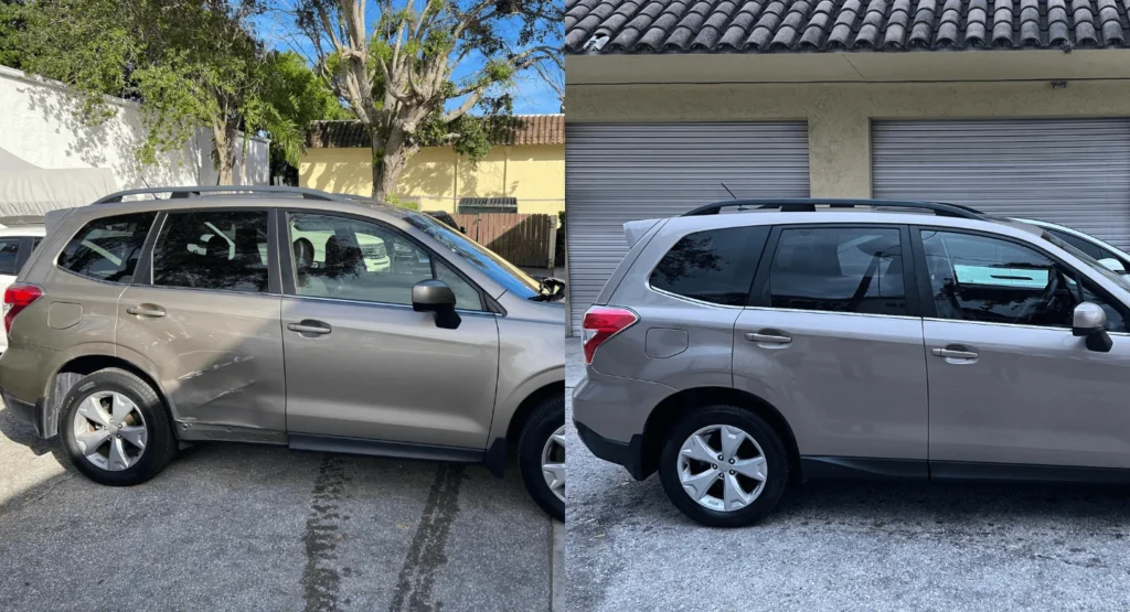 Gray Subaru Forester before and after collision repair showing damaged and restored side panels