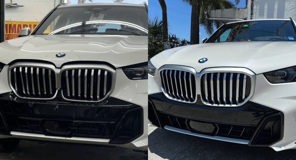White BMW SUV front bumper and grille before and after collision repair