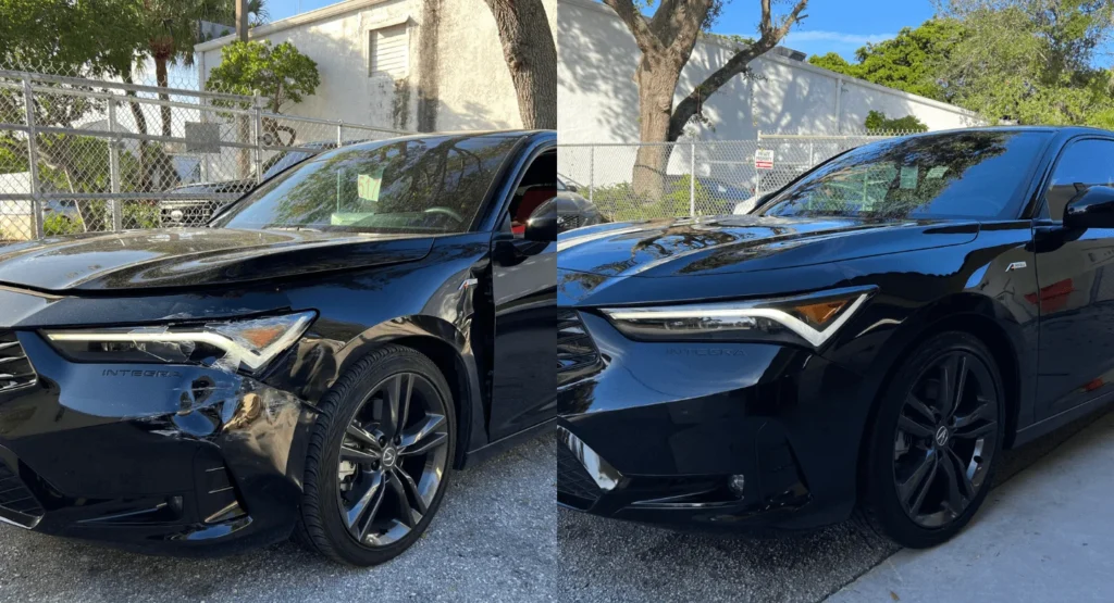 Black Acura Integra before and after collision repair showing front-end damage and restored exterior