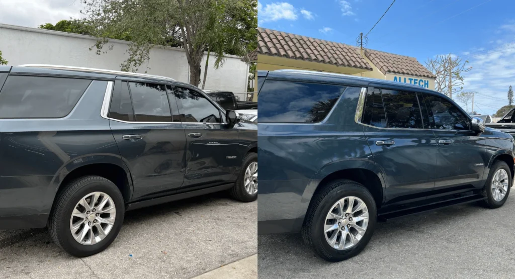 Gray Subaru Forester before and after rear door collision repair in Boca Raton