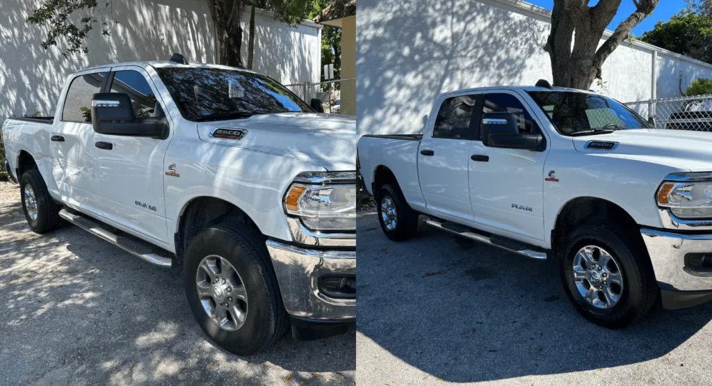 White RAM 2500 pickup truck before and after collision repair