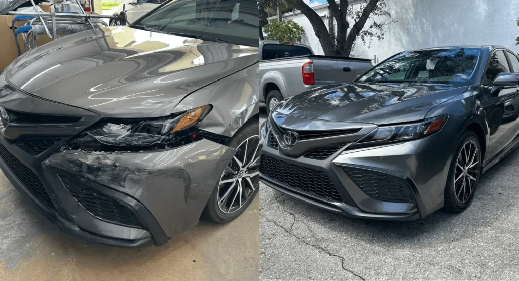 Gray Toyota Camry before and after front-end collision repair at First Class Collision in Boca Raton, FL