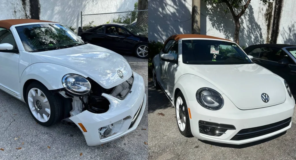 White Volkswagen Beetle with front-end damage before and after collision repair