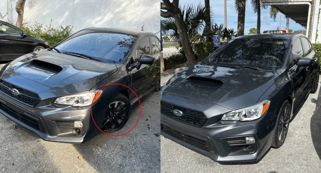 Subaru collision repair before and after showing front wheel damage and restored vehicle