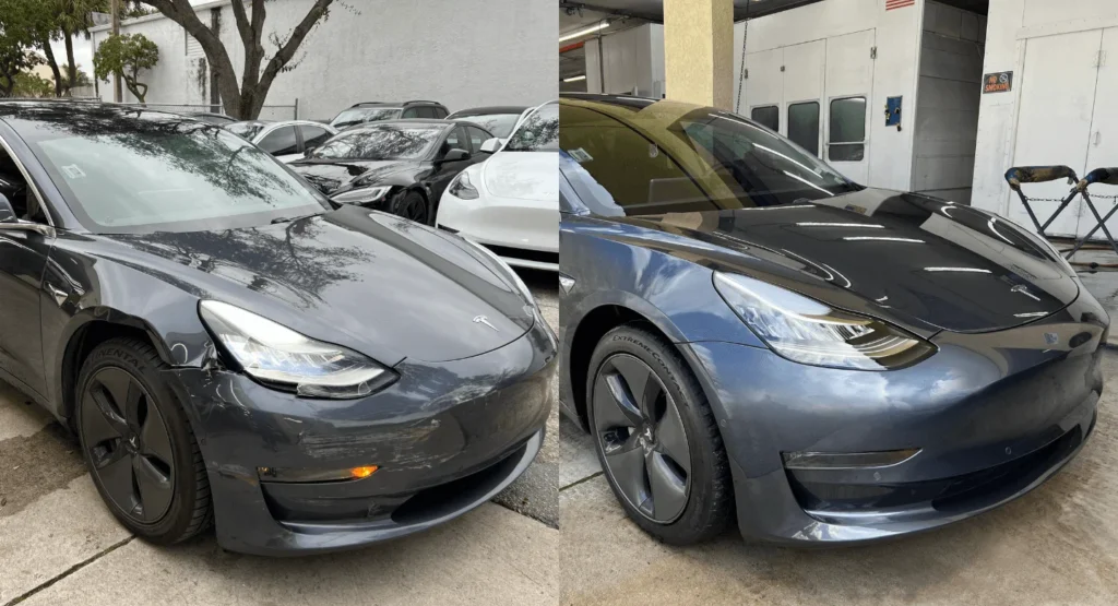 Dark gray Tesla Model 3 with front-end damage before and after collision repair