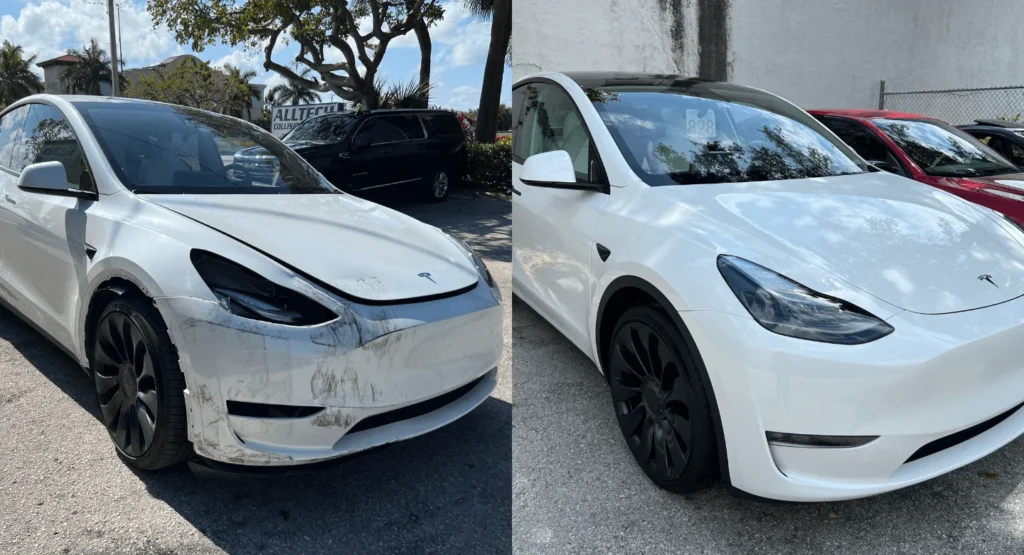 White Tesla Model 3 before and after collision repair showing front bumper damage and restored vehicle