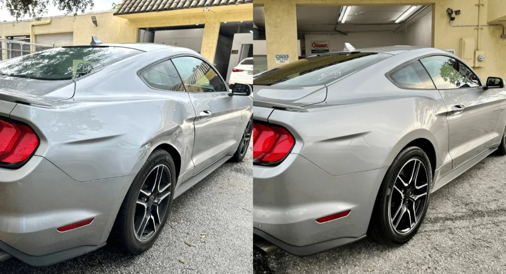 Silver Ford Mustang before and after rear quarter panel collision repair in Boca Raton