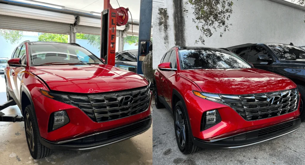 Red Hyundai SUV before and after collision repair showing front-end damage and restored vehicle