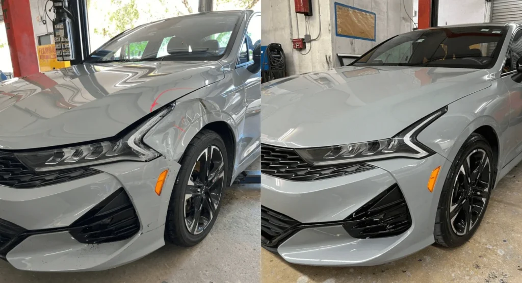 Silver Chevrolet sedan with front-end damage before and after collision repair