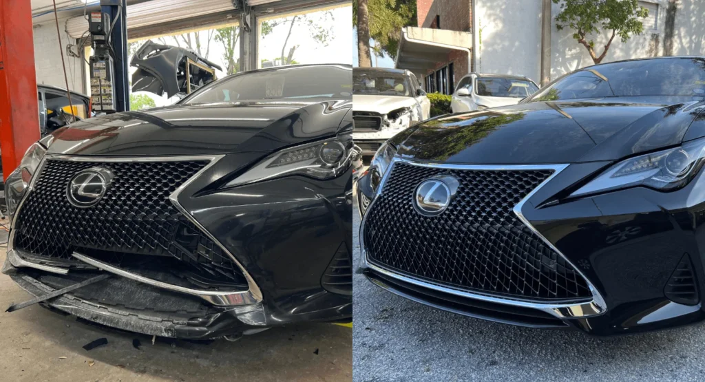 Lexus vehicle before and after collision repair showing front bumper damage and restored appearance