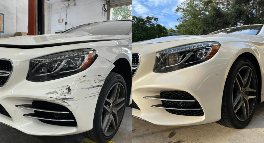White Mercedes Benz S Class before and after collision repair showing front bumper damage and restored vehicle