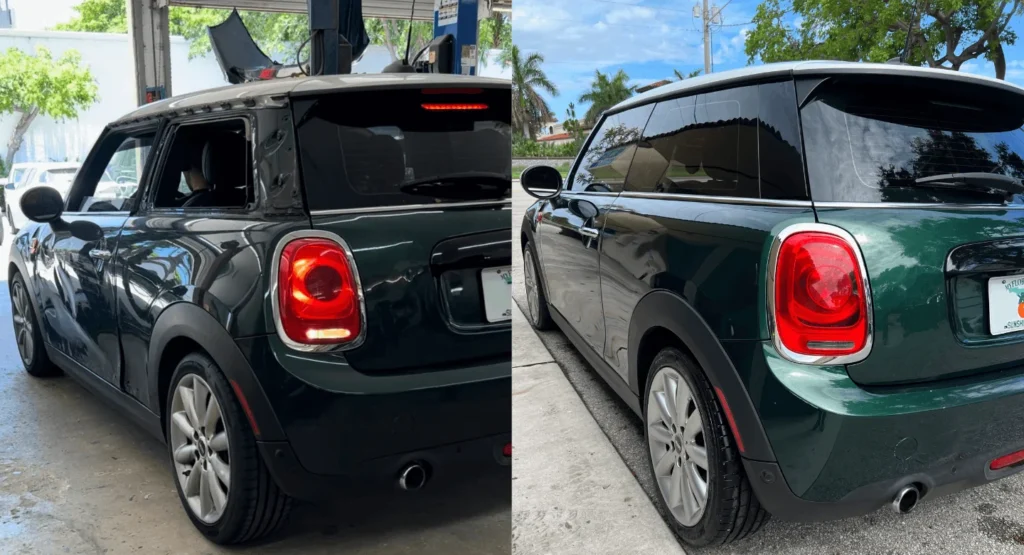 Mini Cooper before and after collision repair showing rear window damage and restored vehicle