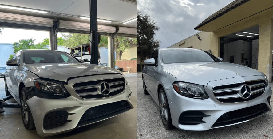 Silver Mercedes-Benz E-Class before and after front-end collision repair at First Class Collision in Boca Raton, Florida