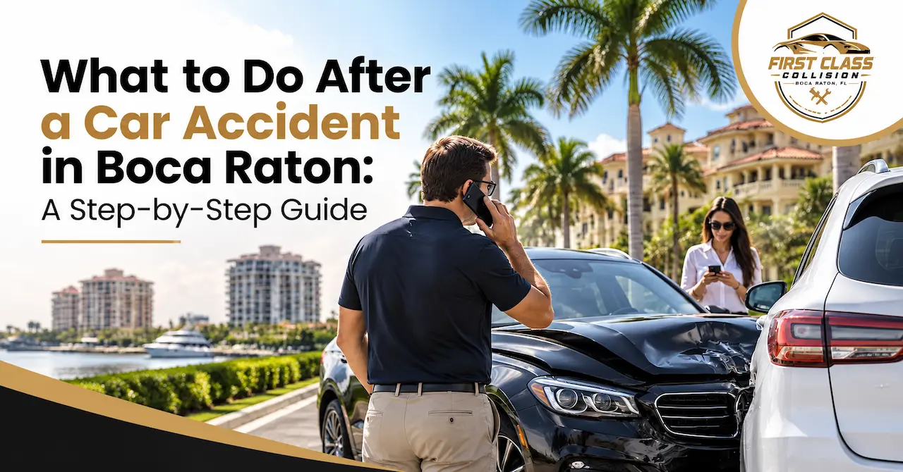 Drivers documenting vehicle damage after a car accident in Boca Raton before collision repair
