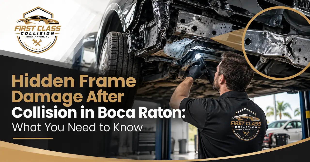 Technician inspecting hidden frame damage under a collision-damaged vehicle in Boca Raton.