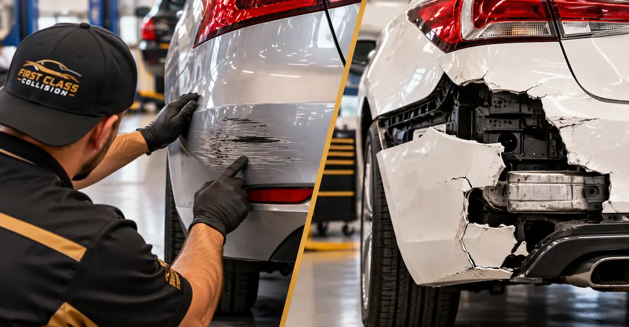 Auto body technician inspecting a scratched car bumper for repair compared to a severely damaged bumper requiring replacement at First Class Collision.