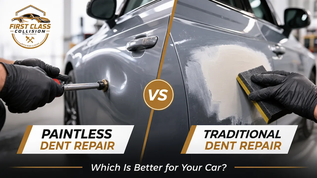 "Paintless dent repair vs traditional dent repair comparison showing technicians fixing car dents using PDR tools and conventional body filler techniques at First Class Collision in Boca Raton, FL."